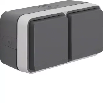 Hager WNC144 opbouw SCHUKO-dubbelstopcontact met klepdeksel, IP55, grijs