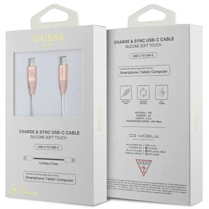 GUESS GUCCLALRGDP USB-C naar USB-C snellaadkabel 1,5 m roze met reliëflogo