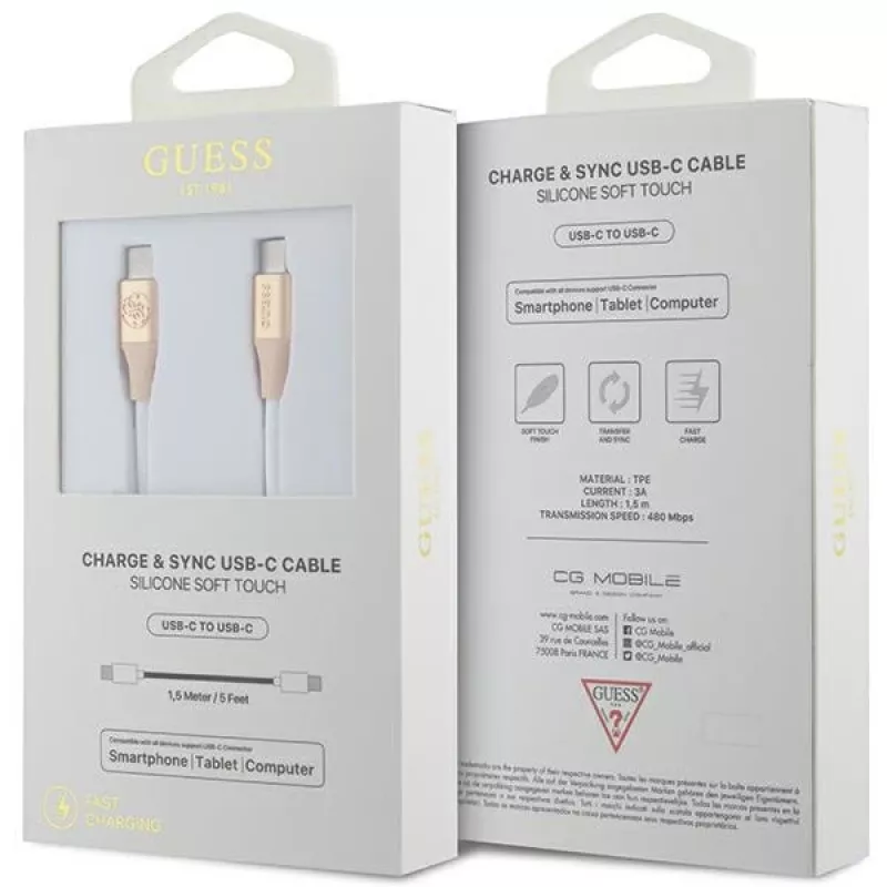 GUESS GUCCLALRGDD USB-C naar USB-C kabel 1,5 m snelladen lichtgoud reliëflogo