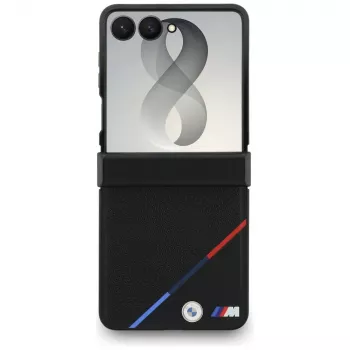 BMW M leren geperforeerde driekleurige strepen MagSafe case voor Samsung Galaxy Z Flip8 - zwart