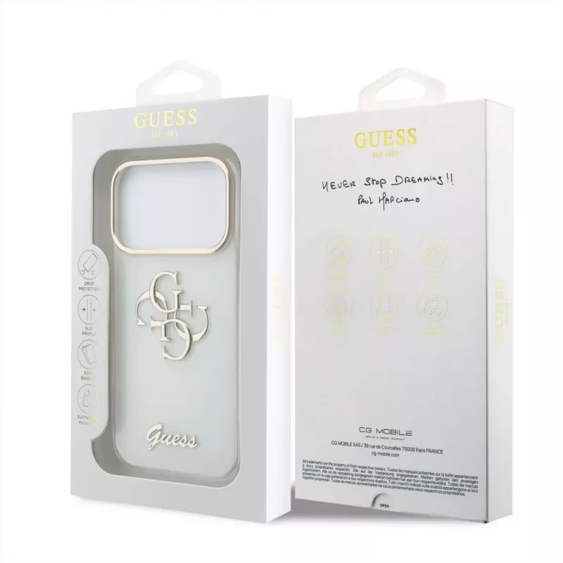 GUESS 4G Script Metal beschermhoesje voor iPhone 18 Pro Max / 17 Pro Max - wit