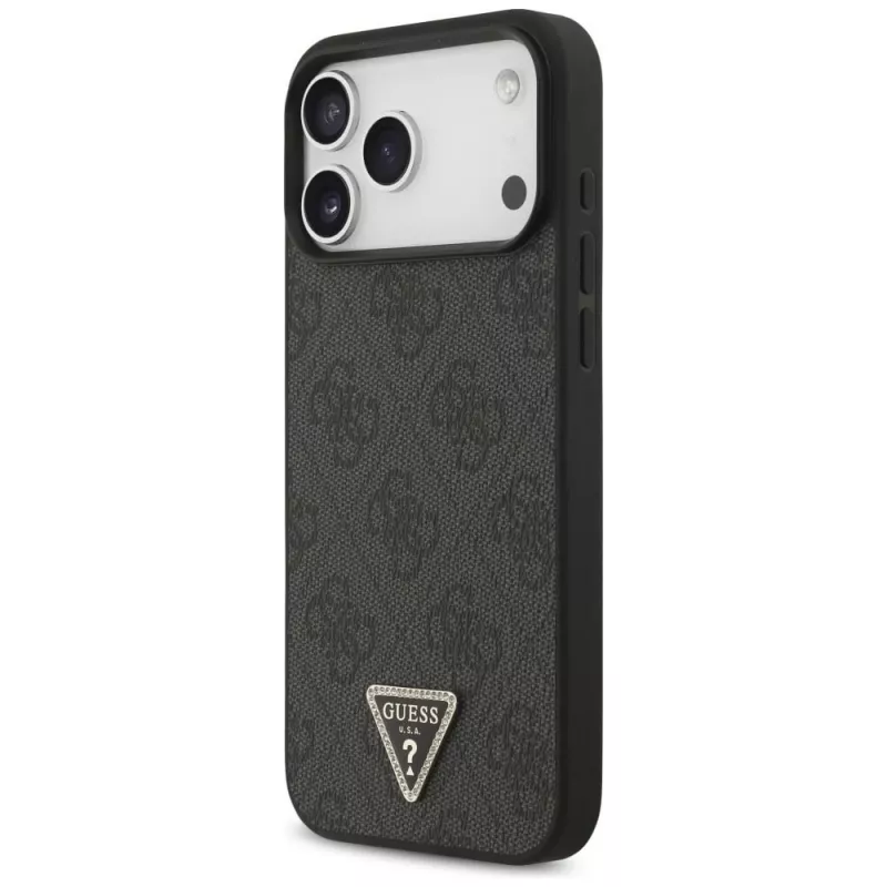 GUESS Leder 4G Triangle Strass MagSafe case voor iPhone 18 Pro Max / 17 Pro Max - zwart