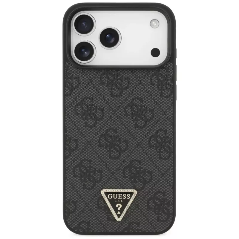 GUESS Leder 4G Triangle Strass MagSafe case voor iPhone 18 Pro Max / 17 Pro Max - zwart