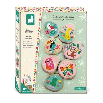 Janod steenschilderij creatieve set – 6 natuurstenen, 6 acrylverf, 2 penselen, glitter, wiebeloogjes, stickers – vanaf 6 jaar