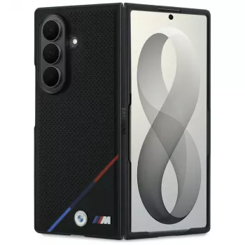 BMW M Leder geperforeerd met driekleurige streep en metaal-logo's MagSafe-hoesje voor Samsung Galaxy Z Fold8 Ultra – zwart