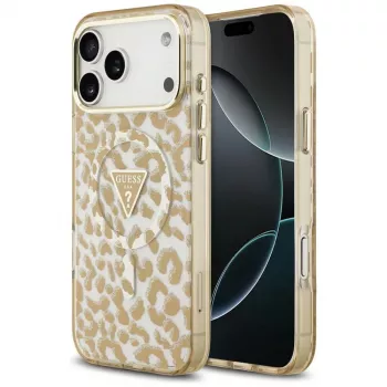 GUESS IML Leopard Glitter Triangle Logo MagSafe-hoesje voor iPhone 18 Pro / 17 Pro, Bruin