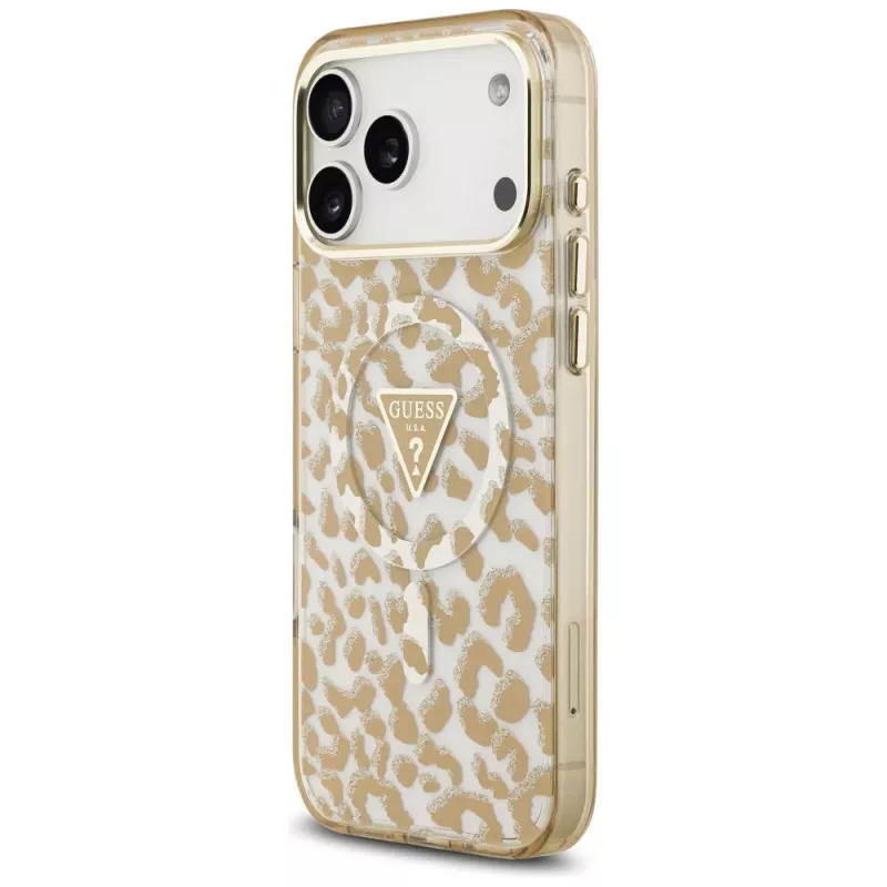 GUESS IML Leopard Glitter Triangle Logo MagSafe-hoesje voor iPhone 18 Pro / 17 Pro, Bruin