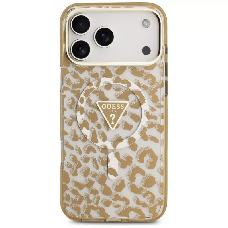GUESS IML Leopard Glitter Triangle Logo MagSafe-hoesje voor iPhone 18 Pro / 17 Pro, Bruin