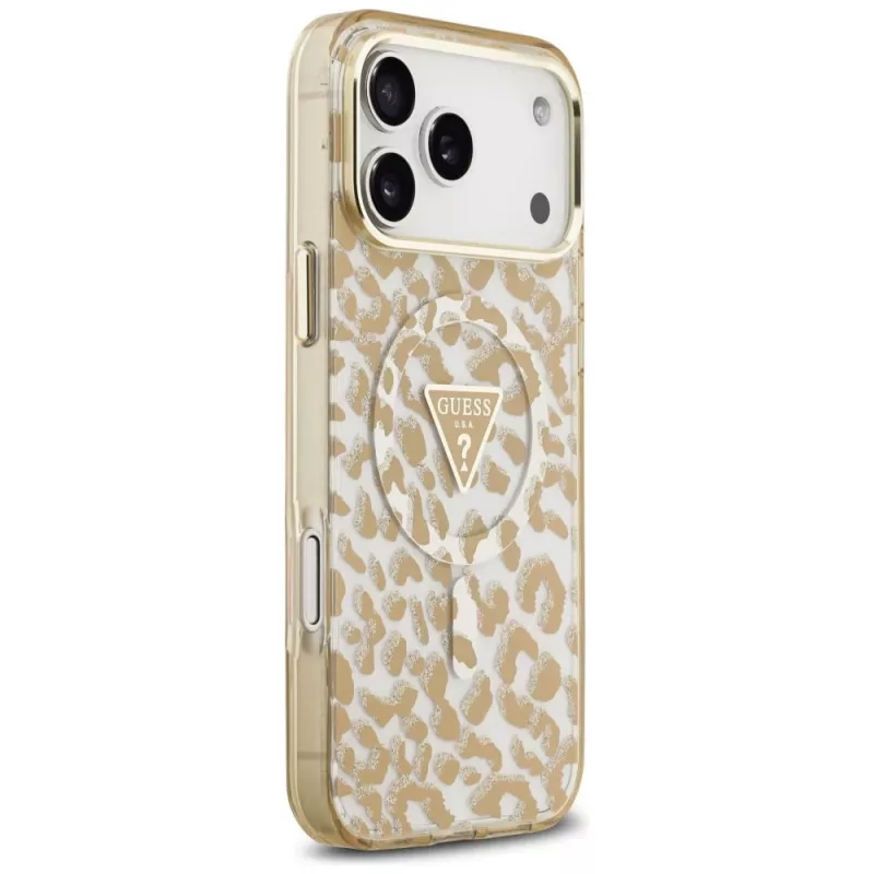 GUESS IML Leopard Glitter Triangle Logo MagSafe-hoesje voor iPhone 18 Pro / 17 Pro, Bruin