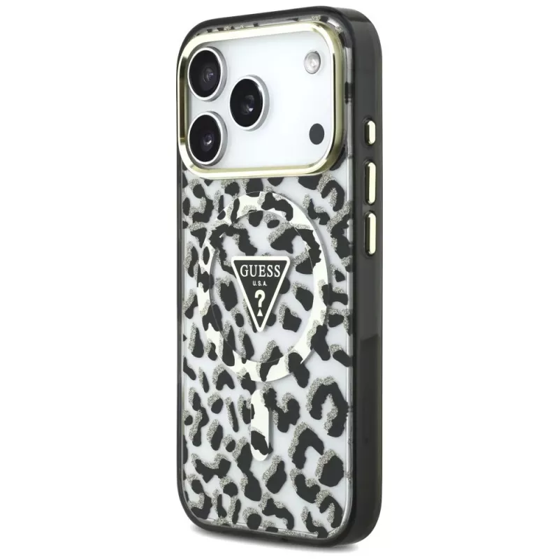 GUESS IML Leopard Glitter Triangle Logo MagSafe-hoesje voor iPhone 18 Pro / 17 Pro - zwart