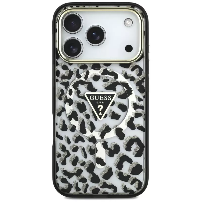 GUESS IML Leopard Glitter Triangle Logo MagSafe-hoesje voor iPhone 18 Pro / 17 Pro - zwart