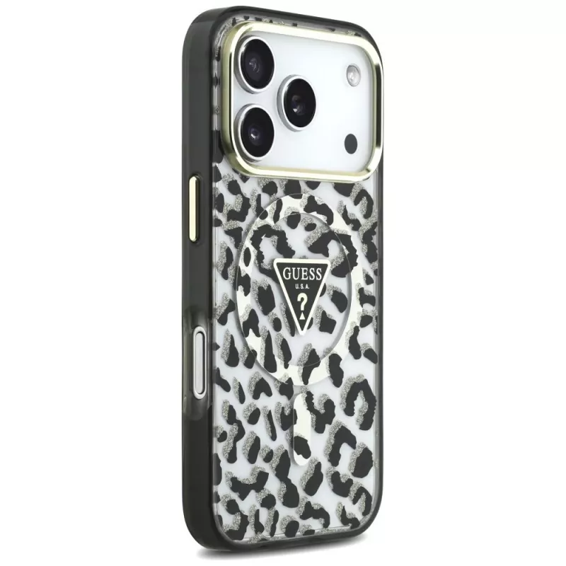 GUESS IML Leopard Glitter Triangle Logo MagSafe-hoesje voor iPhone 18 Pro / 17 Pro - zwart