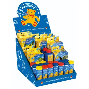 PUSTEFIX mini display – 24 x 42 ml bellenblaasvloeistof met stokjes, tafeldiplay voor de detailhandel