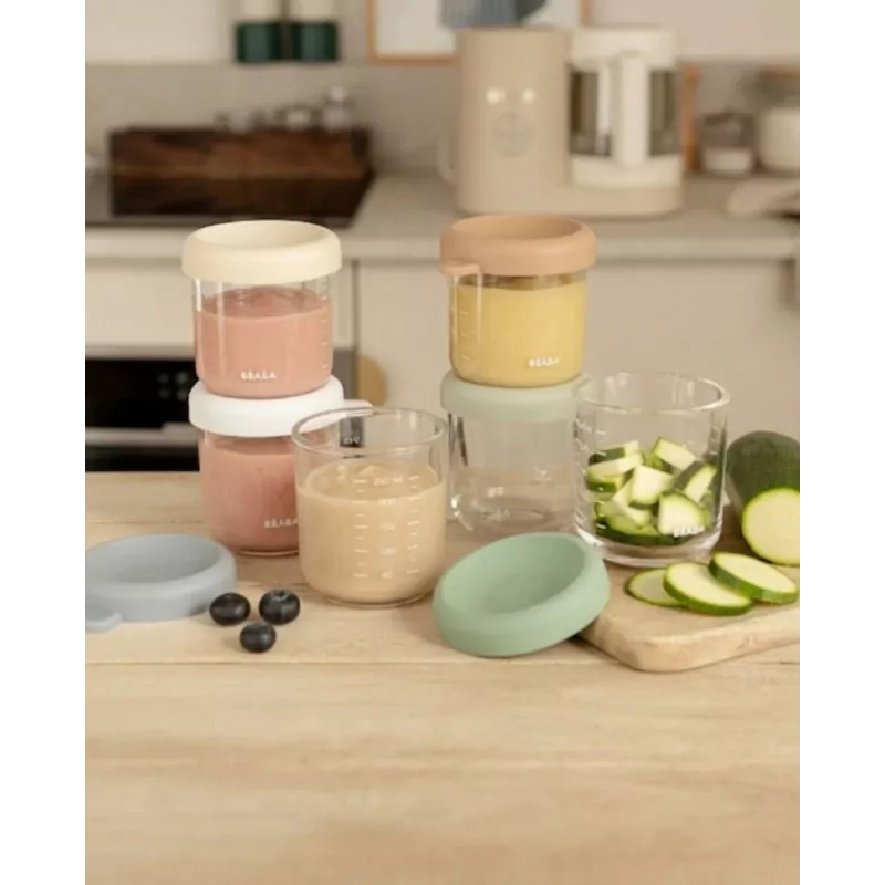 Beaba glazen babyvoedingspotjes set met luchtdichte deksels, 6 x 250 ml, naturel mix
