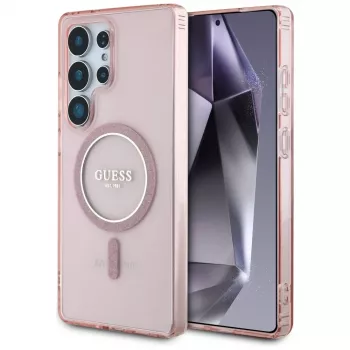 GUESS Glitter Circle Classic Logo MagSafe-hoes voor Samsung Galaxy S25 Ultra - roze