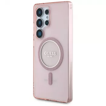GUESS Glitter Circle Classic Logo MagSafe-hoes voor Samsung Galaxy S25 Ultra - roze