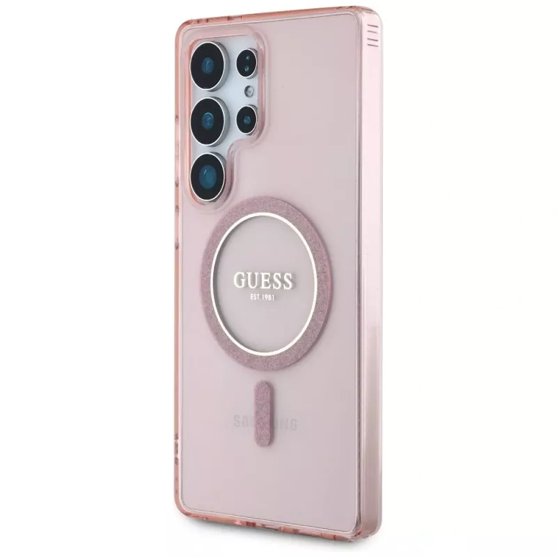 GUESS Glitter Circle Classic Logo MagSafe-hoes voor Samsung Galaxy S25 Ultra - roze