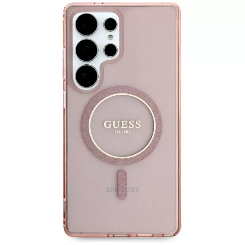 GUESS Glitter Circle Classic Logo MagSafe-hoes voor Samsung Galaxy S25 Ultra - roze