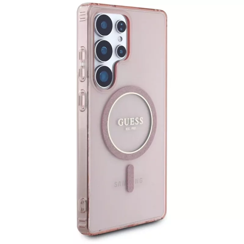 GUESS Glitter Circle Classic Logo MagSafe-hoes voor Samsung Galaxy S25 Ultra - roze