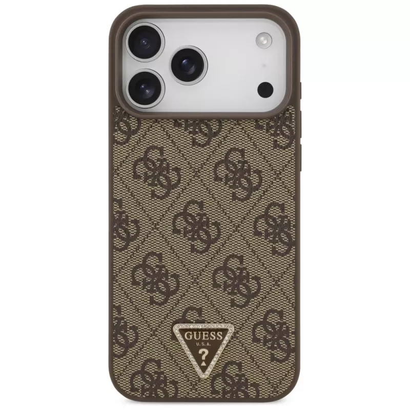 GUESS leren 4G Triangle Strass MagSafe-hoesje voor iPhone 18 Pro Max / 17 Pro Max - bruin
