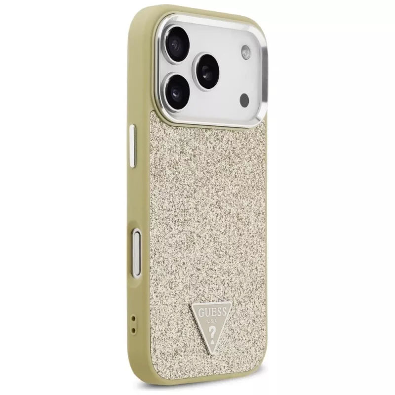 GUESS Glitter Triangle Logo MagSafe-hoesje voor iPhone 17 Pro - goud
