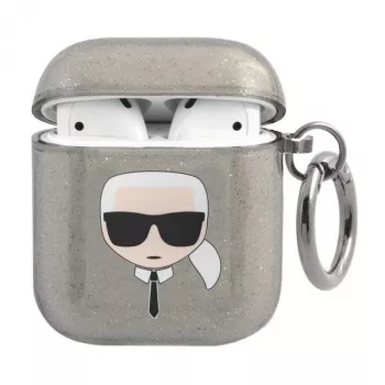 Karl Lagerfeld KLA2UKHGK AirPods 1/2 hoesje zwart glitter Karl's hoofd