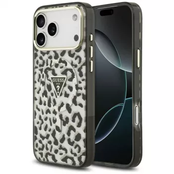 GUESS IML Luipaard Glitter Triangle Logo MagSafe-hoesje voor iPhone 18 Pro Max / 17 Pro Max - Zwart