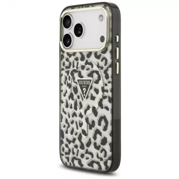GUESS IML Luipaard Glitter Triangle Logo MagSafe-hoesje voor iPhone 18 Pro Max / 17 Pro Max - Zwart