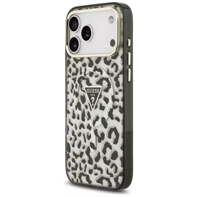 GUESS IML Luipaard Glitter Triangle Logo MagSafe-hoesje voor iPhone 18 Pro Max / 17 Pro Max - Zwart