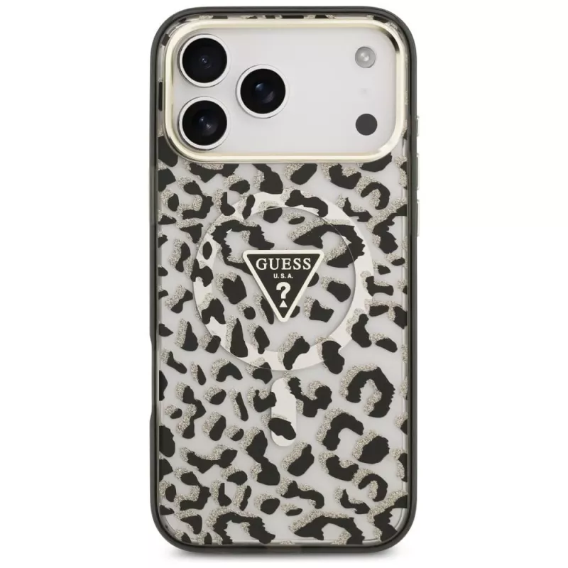 GUESS IML Luipaard Glitter Triangle Logo MagSafe-hoesje voor iPhone 18 Pro Max / 17 Pro Max - Zwart