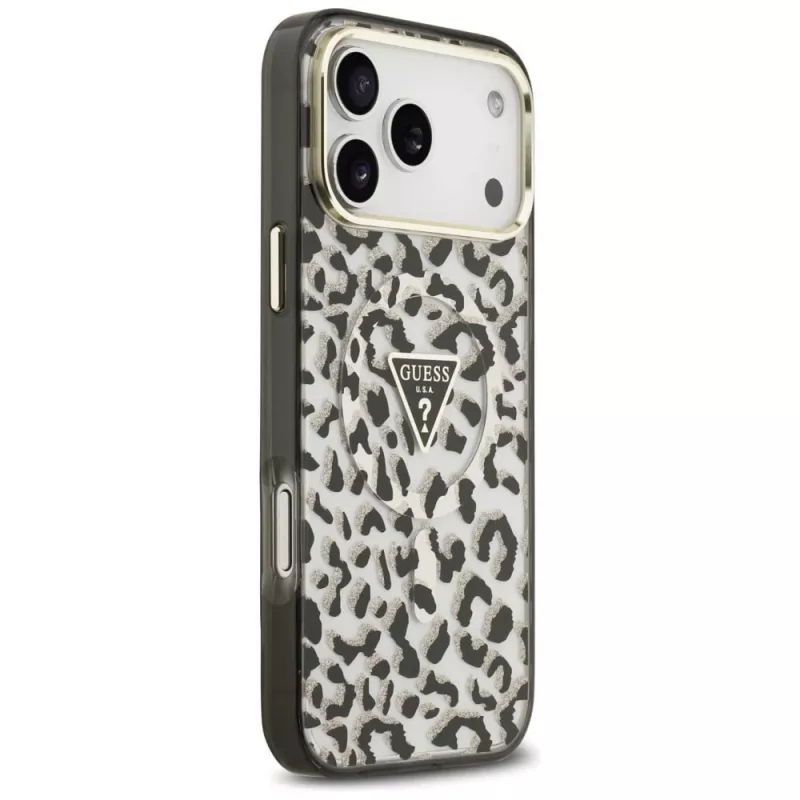 GUESS IML Luipaard Glitter Triangle Logo MagSafe-hoesje voor iPhone 18 Pro Max / 17 Pro Max - Zwart
