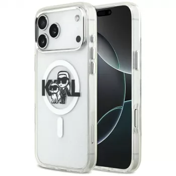 Karl Lagerfeld IML Glitter Karl & Choupette Sketch Logo MagSafe-hoesje voor iPhone 17 Pro Max, transparant
