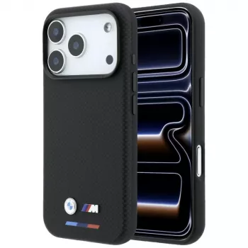 BMW M Quadrille Kevlar Tricolor & metaal-logo MagSafe case voor iPhone 18 Pro / 17 Pro - zwart