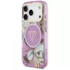 GUESS IML Glitter Flowers Triangle MagSafe-hoes voor iPhone 18 Pro / 17 Pro - paars