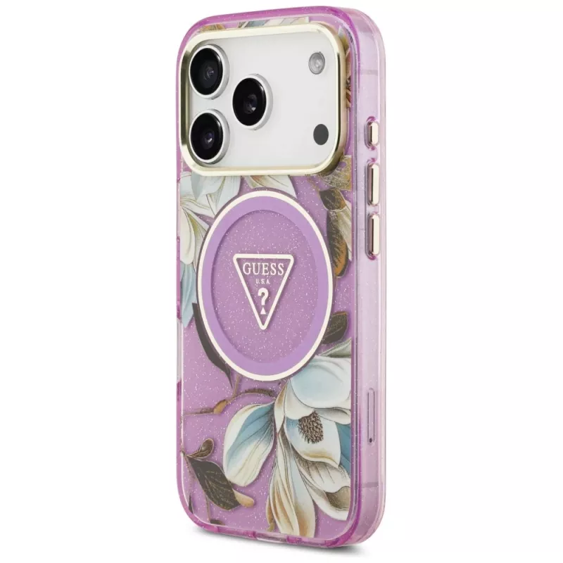 GUESS IML Glitter Flowers Triangle MagSafe-hoes voor iPhone 18 Pro / 17 Pro - paars