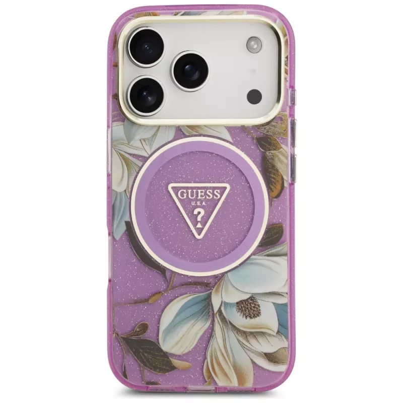 GUESS IML Glitter Flowers Triangle MagSafe-hoes voor iPhone 18 Pro / 17 Pro - paars