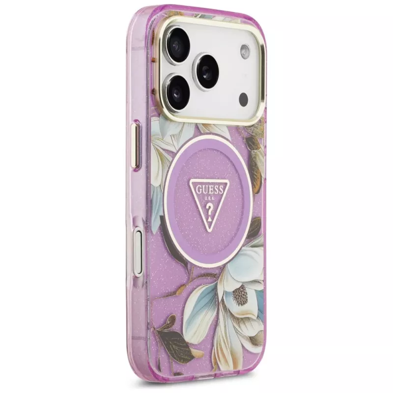 GUESS IML Glitter Flowers Triangle MagSafe-hoes voor iPhone 18 Pro / 17 Pro - paars