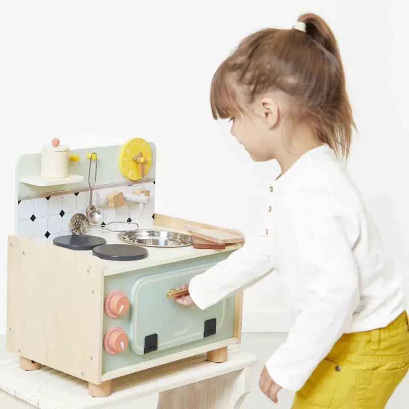 Janod Shiny Grandma houten speelkeuken met 9 accessoires, roze/grijs