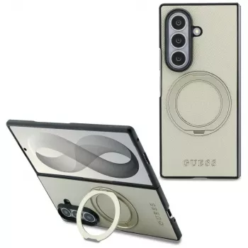 Guess Magnetic Ring Stand Grained Classic Logo MagSafe Hoesje voor Samsung Galaxy Z Fold 8 Ultra (Beige)