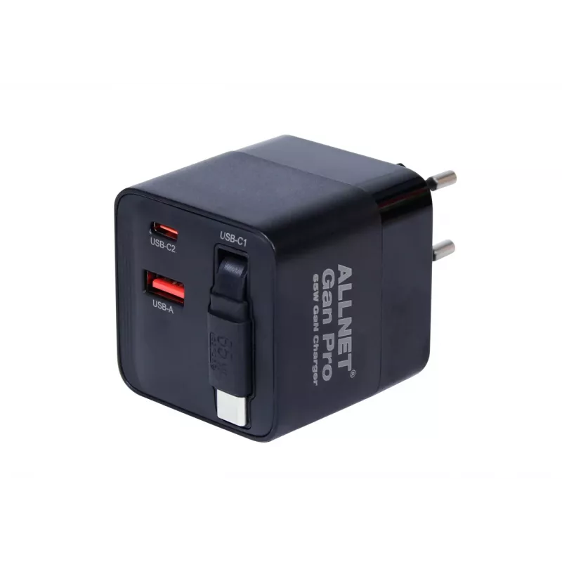 ALLNET 65W GaN USB-C PD wandlader met Quick Charge 3.0, 2x USB-C en 1x USB-A