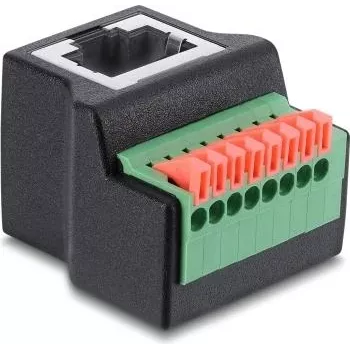 Delock RJ45 bus naar 8-polige klemmenstrook adapter, 90° haaks, drukknop, zwart
