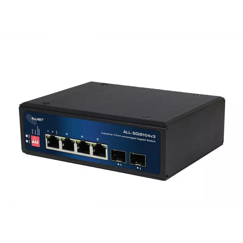 ALLNET ALL-SGI8104v3 industriële unmanaged layer 2-switch, 6 poorten GbE, 4x GbE RJ45, 2x SFP, ventilatorloos, IP40