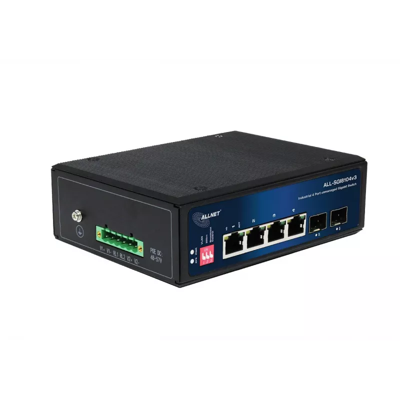 ALLNET ALL-SGI8104v3 industriële unmanaged layer 2-switch, 6 poorten GbE, 4x GbE RJ45, 2x SFP, ventilatorloos, IP40