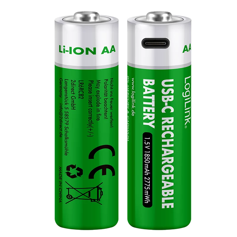LogiLink LR6RCB2 USB-C oplaadbare AA lithium-ion-batterijen, 2-pack, 1,5 V constante uitgangsspanning, 2600 mWh