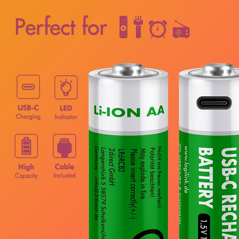 LogiLink LR6RCB2 USB-C oplaadbare AA lithium-ion-batterijen, 2-pack, 1,5 V constante uitgangsspanning, 2600 mWh