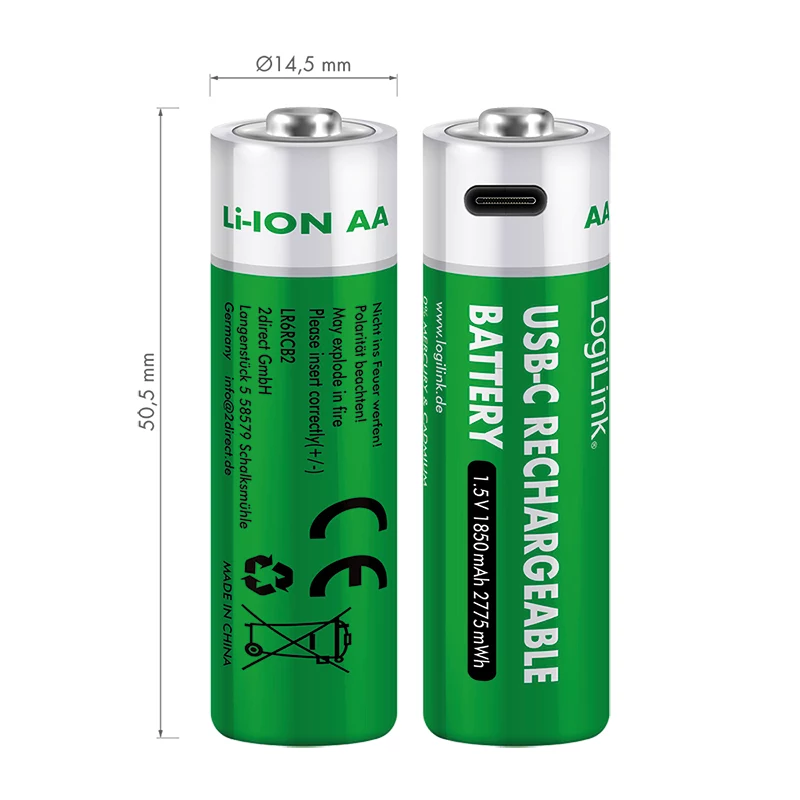 LogiLink LR6RCB2 USB-C oplaadbare AA lithium-ion-batterijen, 2-pack, 1,5 V constante uitgangsspanning, 2600 mWh