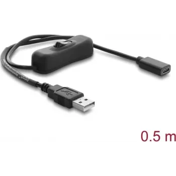 Delock USB-stroomkabel Type-A stekker naar USB Type-C bus met schakelaar 0,5 m