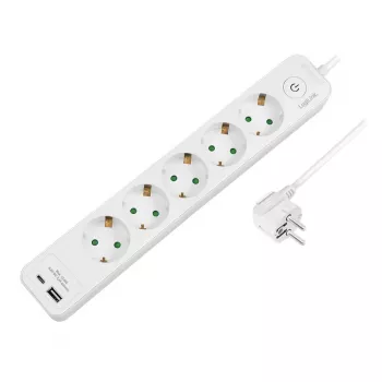 LogiLink LPS280U stekkerdoos, 5 AC-stopcontacten, 2 USB-aansluitingen (USB-A & USB-C), 17W, wit