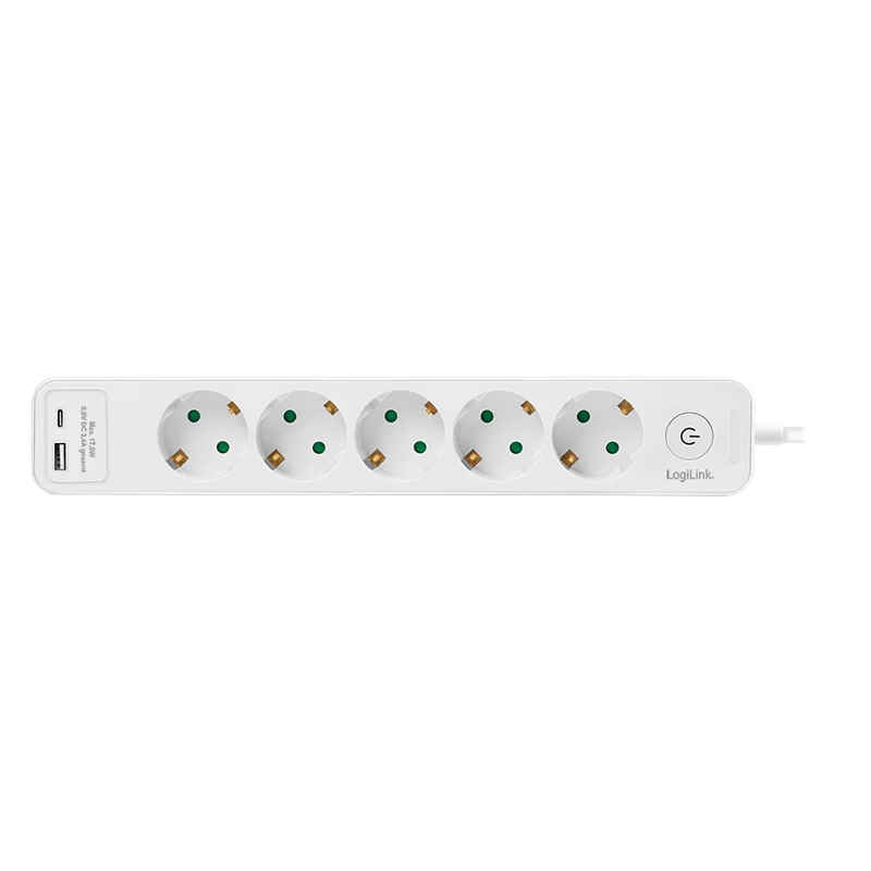 LogiLink LPS280U stekkerdoos, 5 AC-stopcontacten, 2 USB-aansluitingen (USB-A & USB-C), 17W, wit
