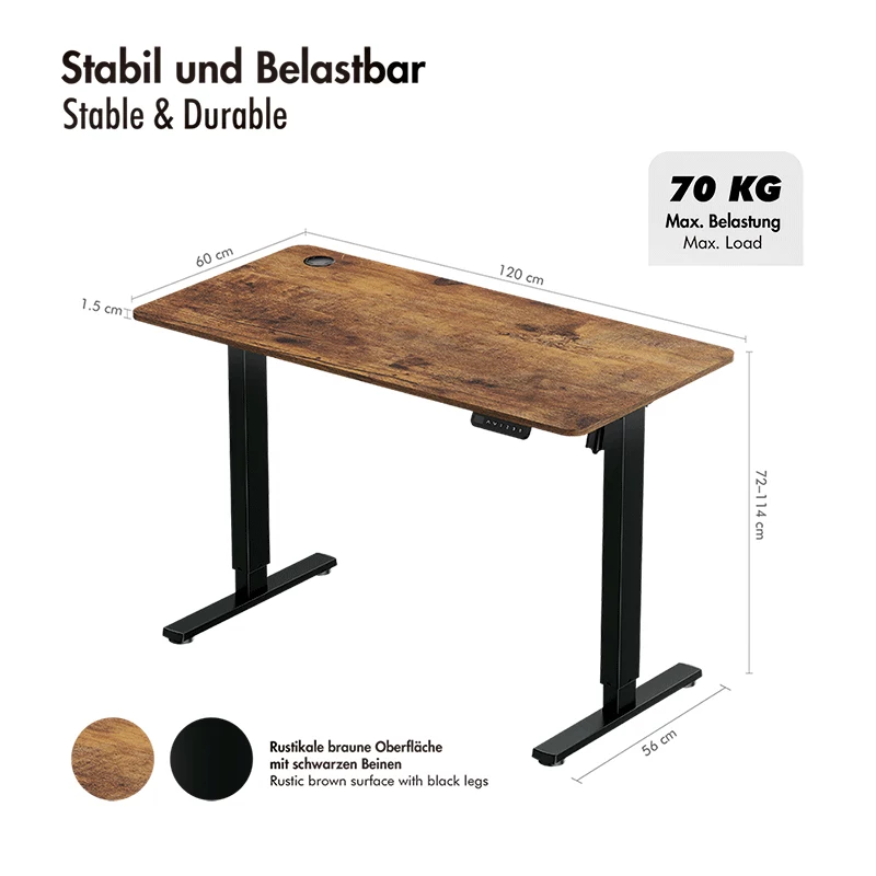 LOGILINK EO0057 elektrisch zit-sta bureau, 120x60 cm, enkele motor, bruin tafelblad, 70 kg belasting